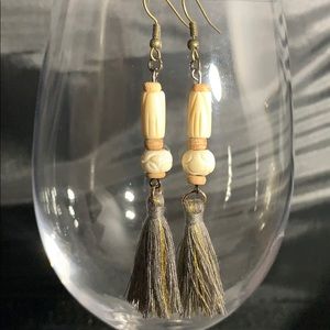 Bone & wood bead earrings with gray tassel